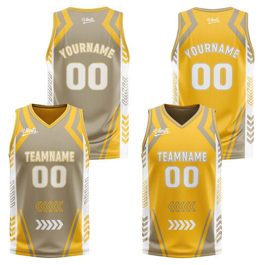 Custom Grey Yellow Reversible Basketball Suit for Adults and Kids Personalized Jersey