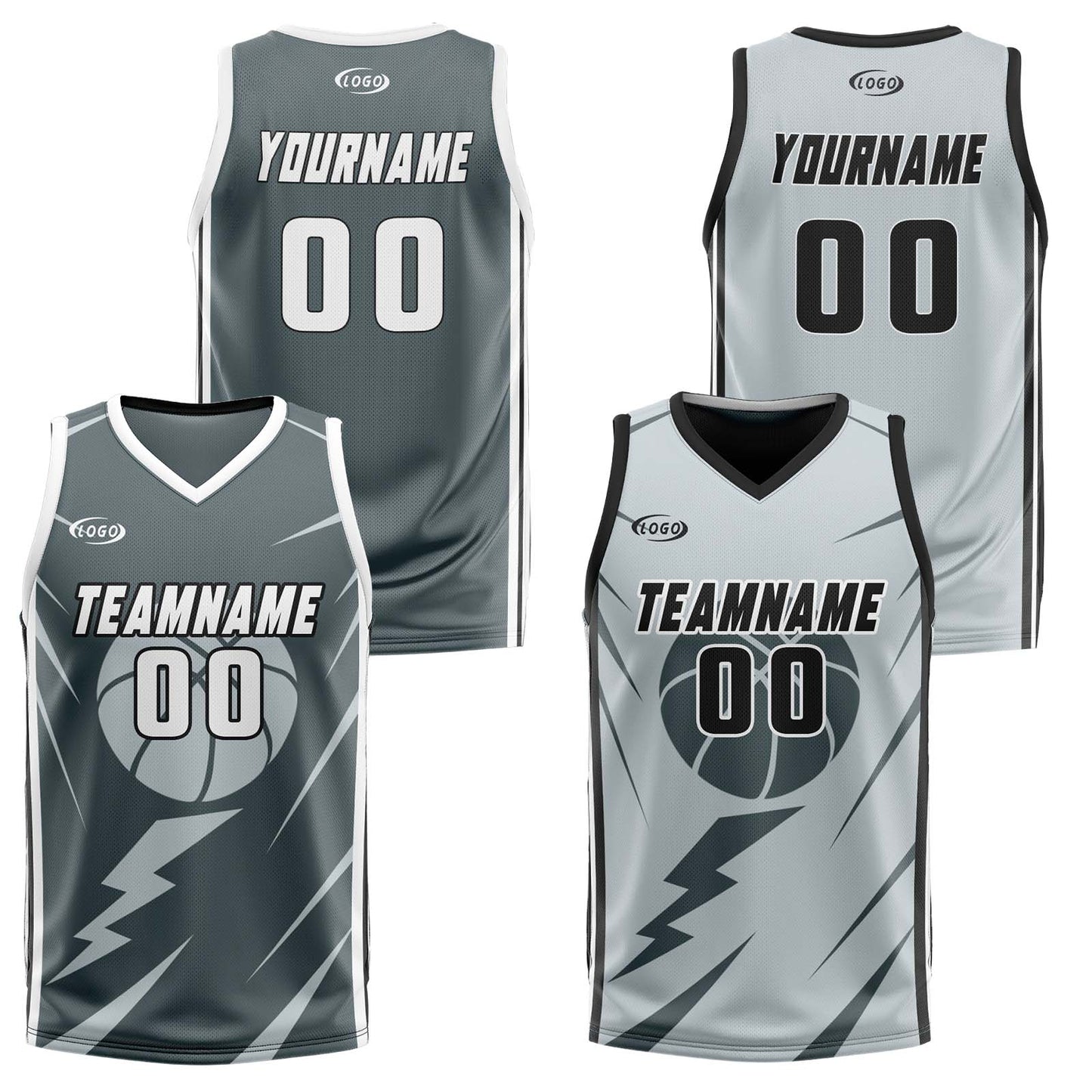 Custom Grey Light Grey Reversible Basketball Suit for Adults and Kids Personalized Jersey