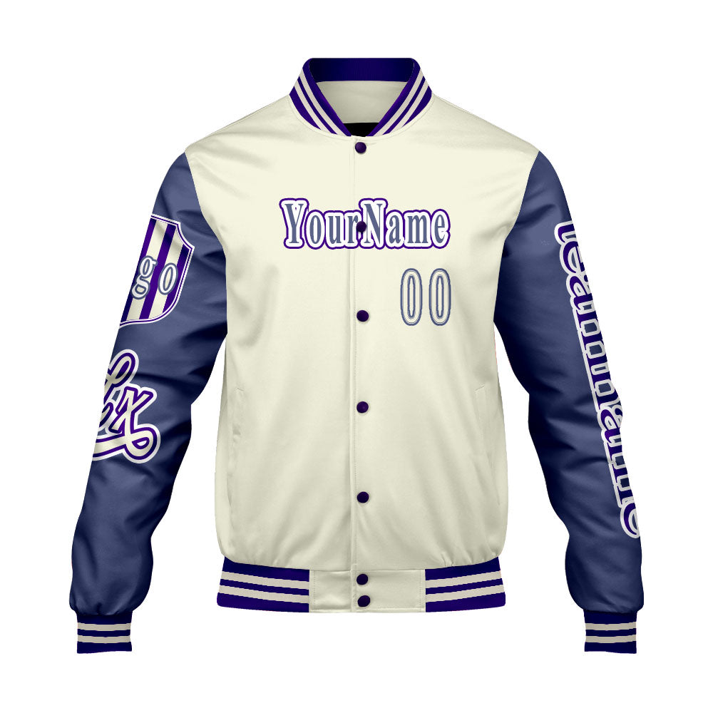 Custom White Purple Letterman Varsity Jacket Personalized Embroidery Printing