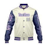 Custom White Purple Letterman Varsity Jacket Personalized Embroidery Printing