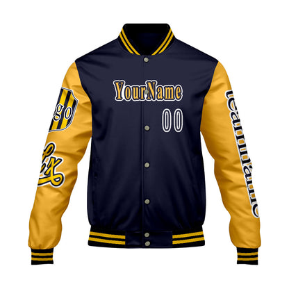 Custom Navy Yellow Letterman Varsity Jacket Personalized Embroidery Printing