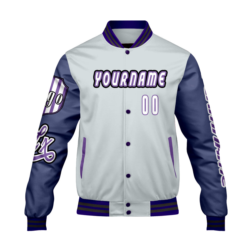 Custom Grey Purple Letterman Varsity Jacket Personalized Embroidery Printing