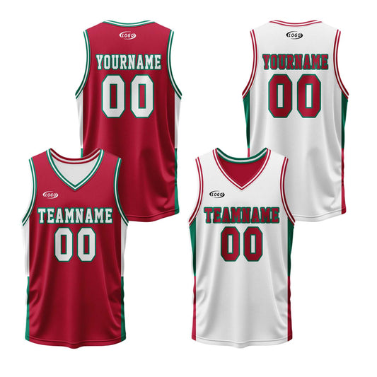 Custom Red White Green Reversible Basketball Suit for Adults and Kids Personalized Jersey