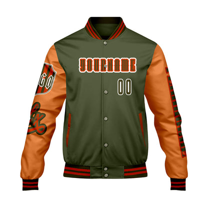 Custom Green Orange Letterman Varsity Jacket Personalized Embroidery Printing
