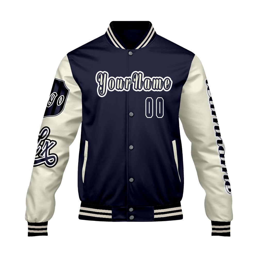 Custom Navy White Letterman Varsity Jacket Personalized Embroidery Printing