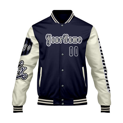 Custom Navy White Letterman Varsity Jacket Personalized Embroidery Printing