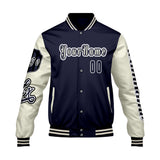 Custom Navy White Letterman Varsity Jacket Personalized Embroidery Printing