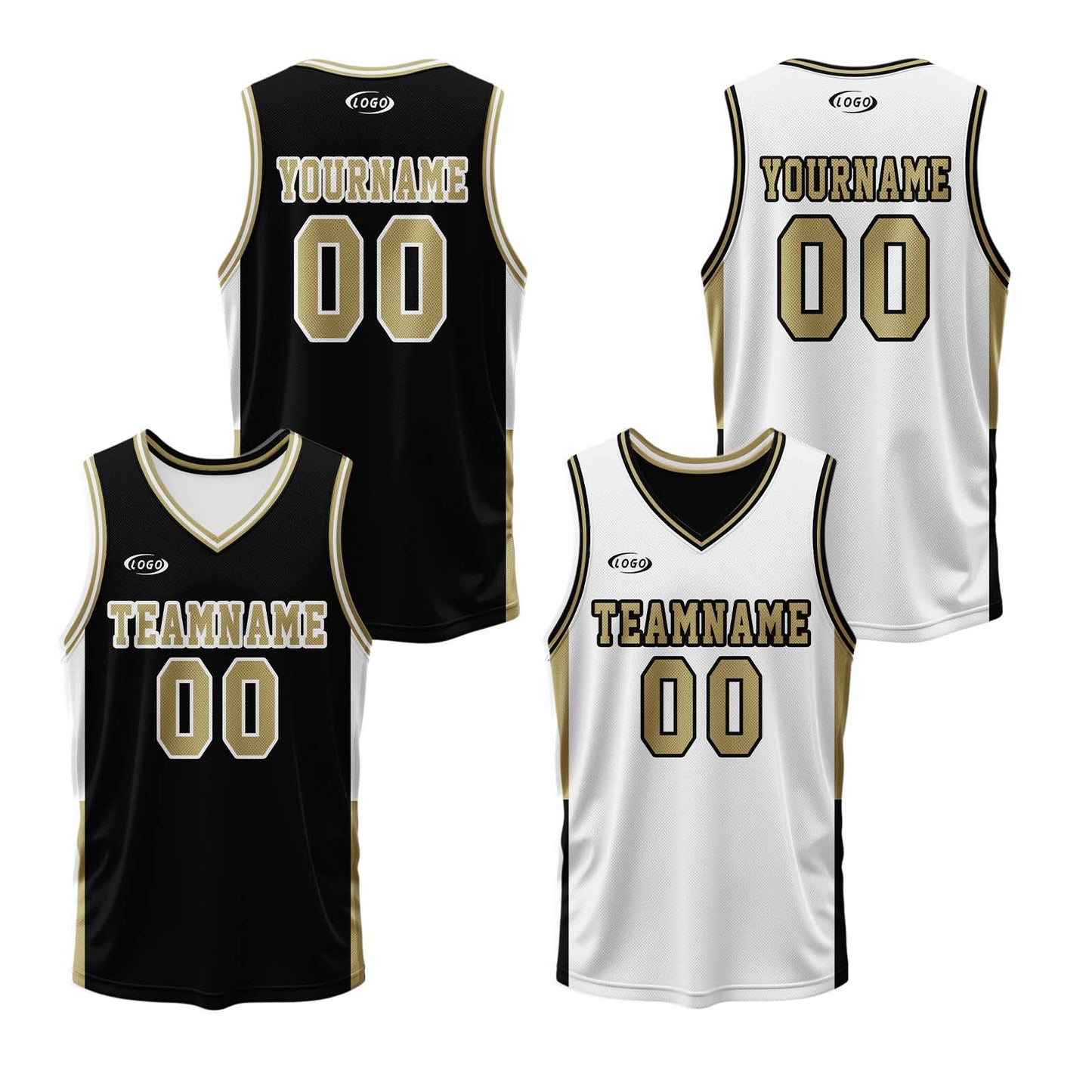 Custom Black White Gold Reversible Basketball Suit for Adults and Kids Personalized Jersey