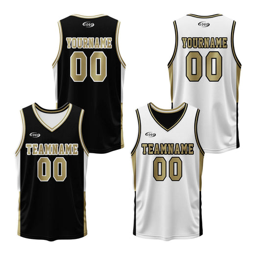 Custom Black White Gold Reversible Basketball Suit for Adults and Kids Personalized Jersey