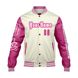 Custom White Pink Letterman Varsity Jacket Personalized Embroidery Printing