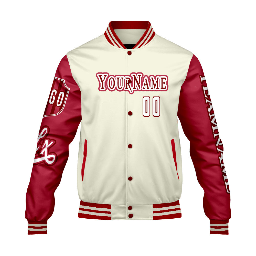 Custom White Red Letterman Varsity Jacket Personalized Embroidery Printing
