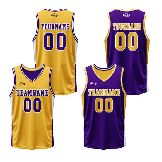 Custom Yellow Purple Reversible Basketball Suit for Adults and Kids Personalized Jersey