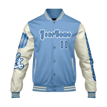 Custom Blue White Letterman Varsity Jacket Personalized Embroidery Printing
