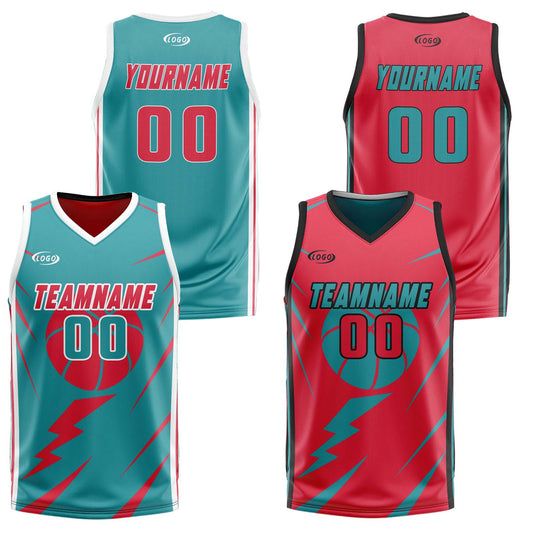 Custom Cyan Red Reversible Basketball Suit for Adults and Kids Personalized Jersey
