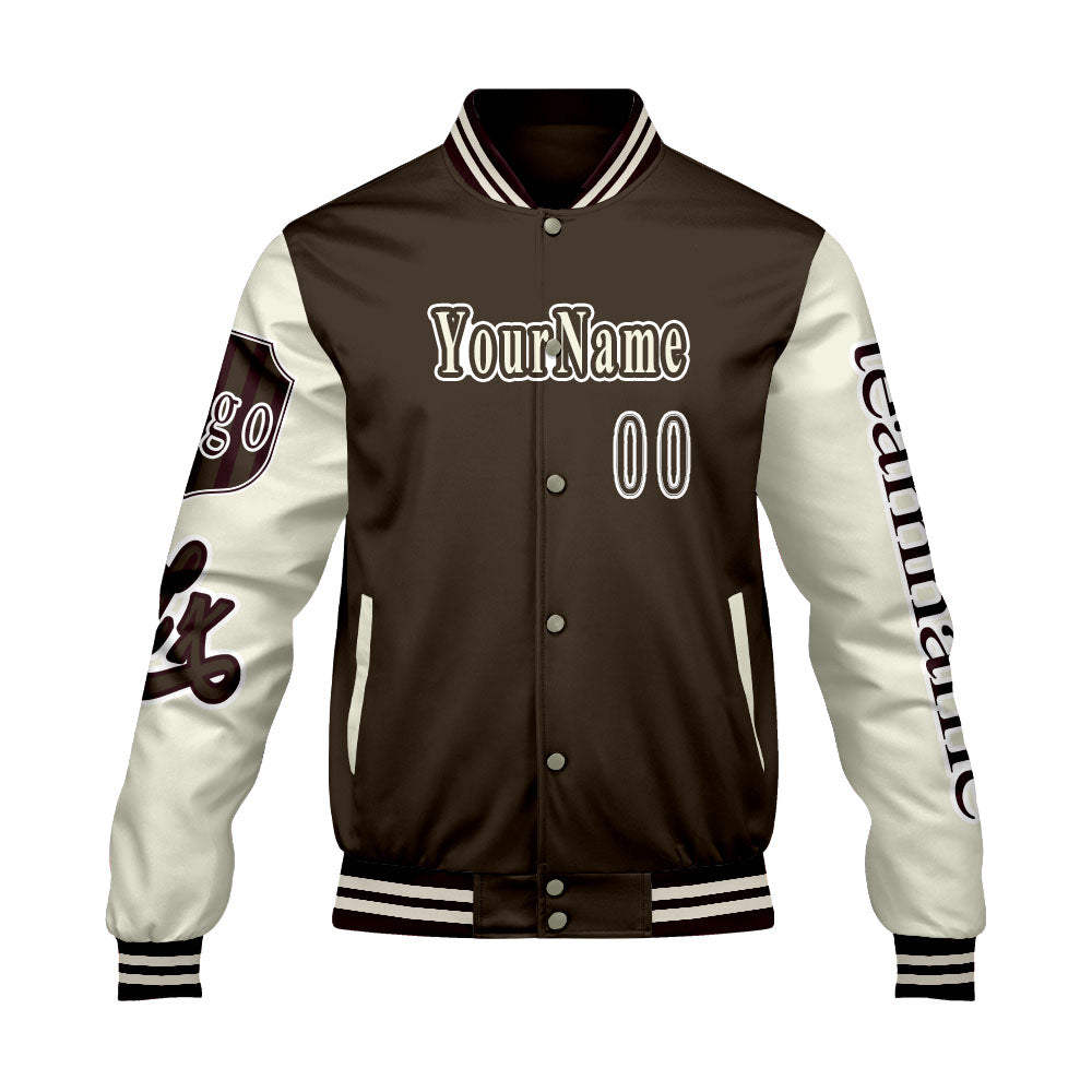Custom Brown White Letterman Varsity Jacket Personalized Embroidery Printing