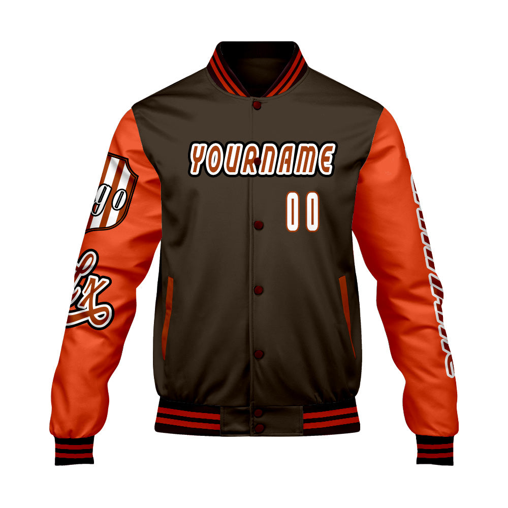 Custom Brown Orange Letterman Varsity Jacket Personalized Embroidery Printing