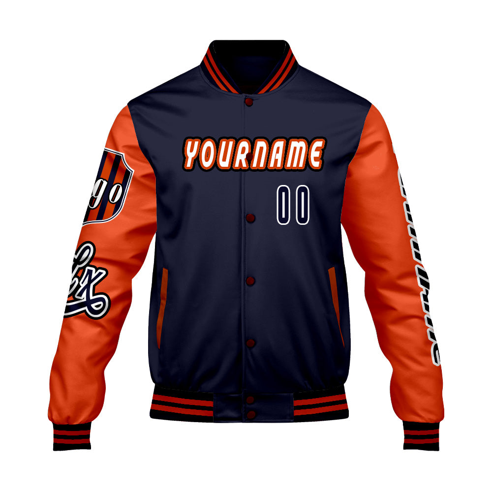 Custom Navy Orange Letterman Varsity Jacket Personalized Embroidery Printing