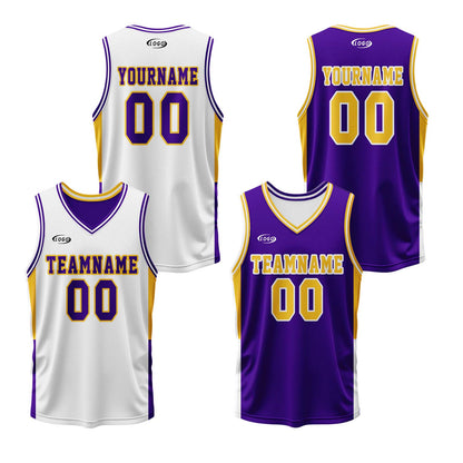 Custom White Purple Yellow Reversible Basketball Suit for Adults and Kids Personalized Jersey