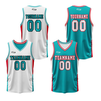 Custom White Cyan Red Reversible Basketball Suit for Adults and Kids Personalized Jersey