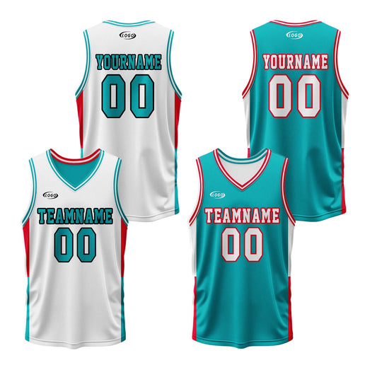 Custom White Cyan Red Reversible Basketball Suit for Adults and Kids Personalized Jersey