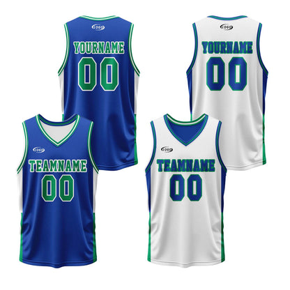 Custom Blue White Green Reversible Basketball Suit for Adults and Kids Personalized Jersey