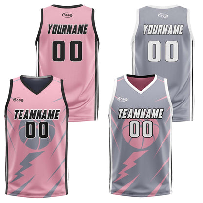 Custom Pink Grey Reversible Basketball Suit for Adults and Kids Personalized Jersey