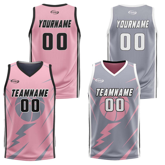 Custom Pink Grey Reversible Basketball Suit for Adults and Kids Personalized Jersey
