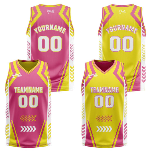 Custom Pink Yellow Reversible Basketball Suit for Adults and Kids Personalized Jersey