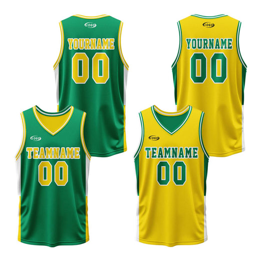 Custom Green Yellow Reversible Basketball Suit for Adults and Kids Personalized Jersey