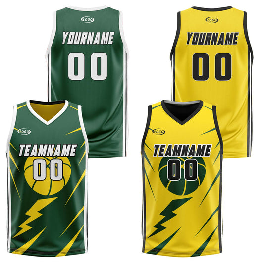 Custom Green Yellow Reversible Basketball Suit for Adults and Kids Personalized Jersey