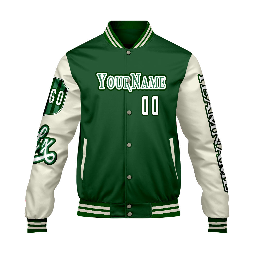 Custom Green White Letterman Varsity Jacket Personalized Embroidery Printing