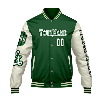 Custom Green White Letterman Varsity Jacket Personalized Embroidery Printing