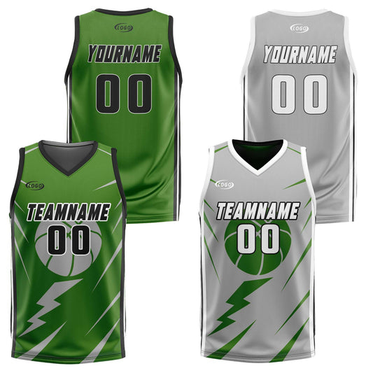 Custom Green Grey Reversible Basketball Suit for Adults and Kids Personalized Jersey
