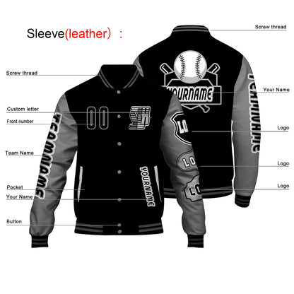 Custom Black Grey Letterman Varsity Jacket Personalized Embroidery Printing