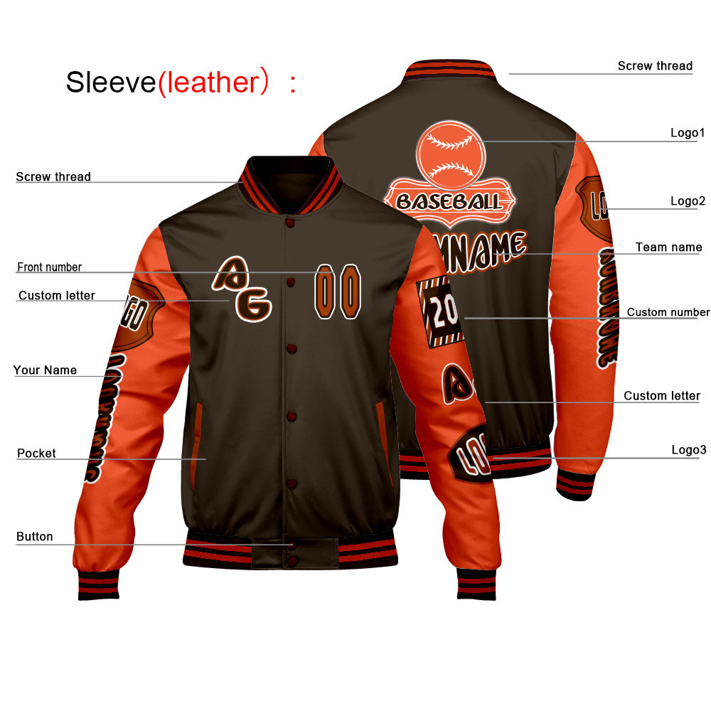 Custom Brown Orange Letterman Varsity Jacket Personalized Embroidery Printing