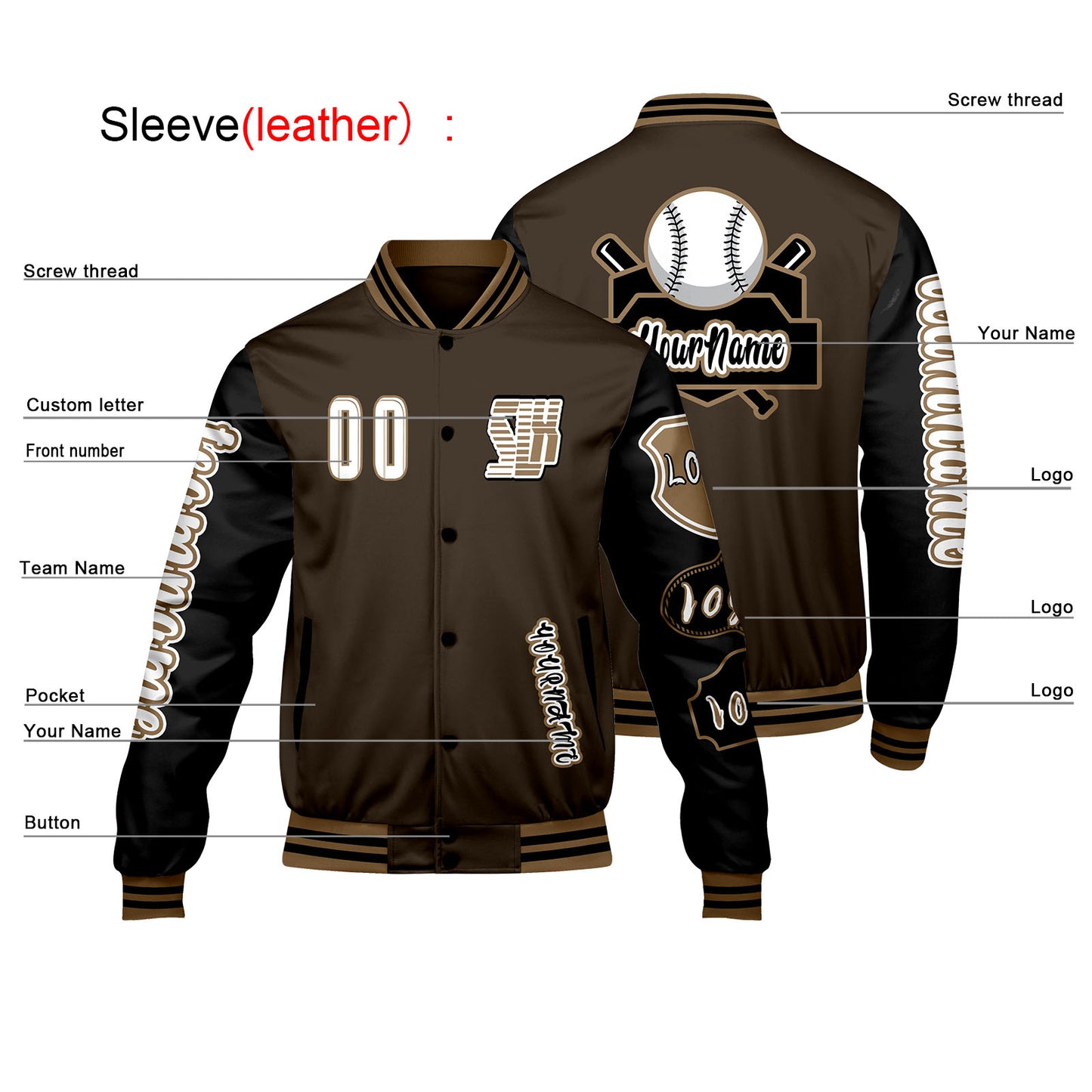 Custom Brown Black Letterman Varsity Jacket Personalized Embroidery Printing