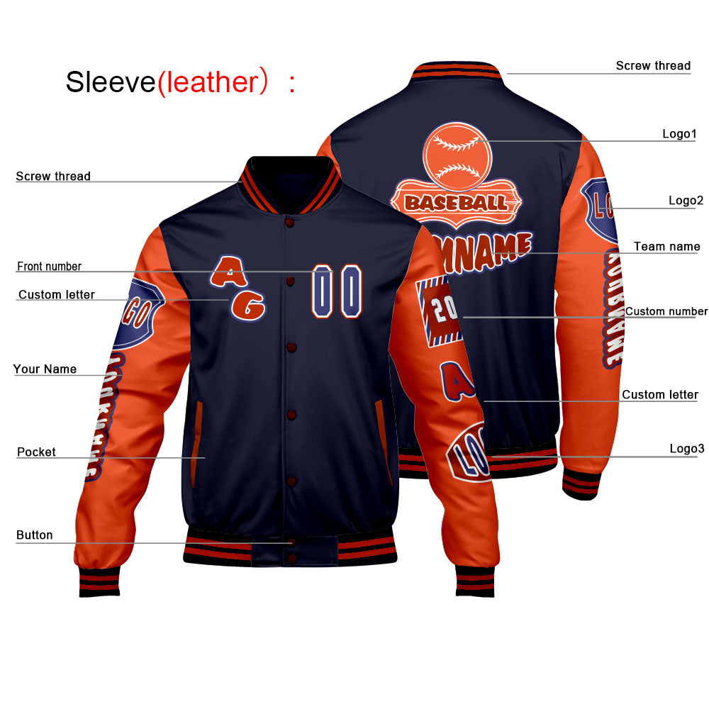 Custom Navy Orange Letterman Varsity Jacket Personalized Embroidery Printing