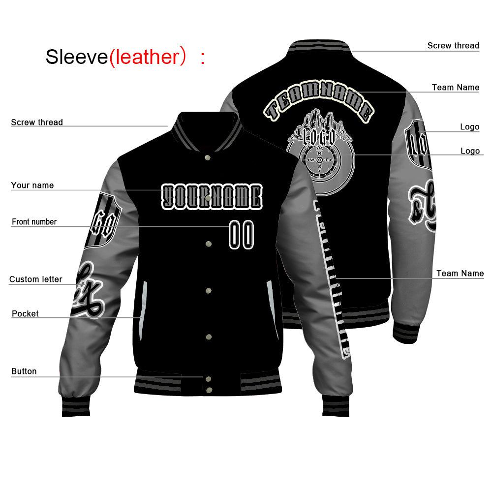 Custom Black Grey Letterman Varsity Jacket Personalized Embroidery Printing