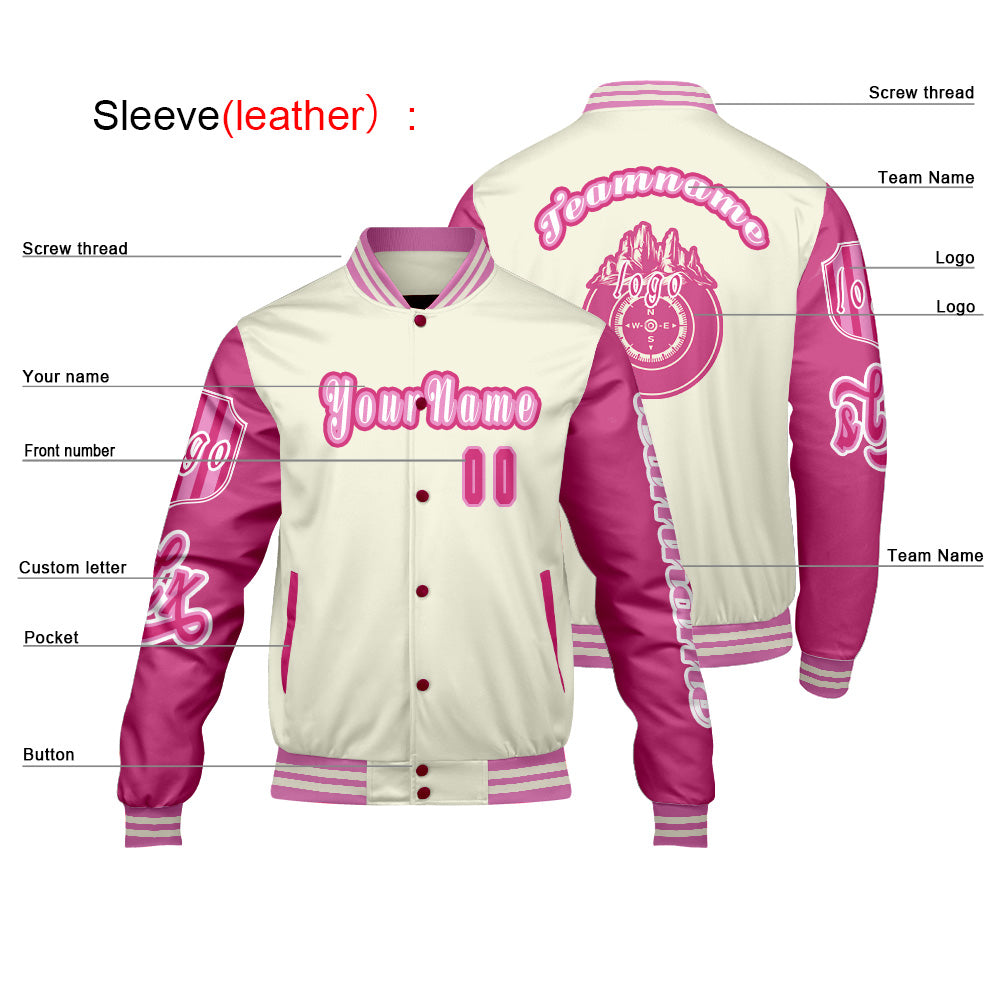 Custom White Pink Letterman Varsity Jacket Personalized Embroidery Printing