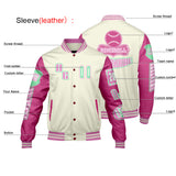 Custom Pink Green Letterman Varsity Jacket Personalized Embroidery Printing