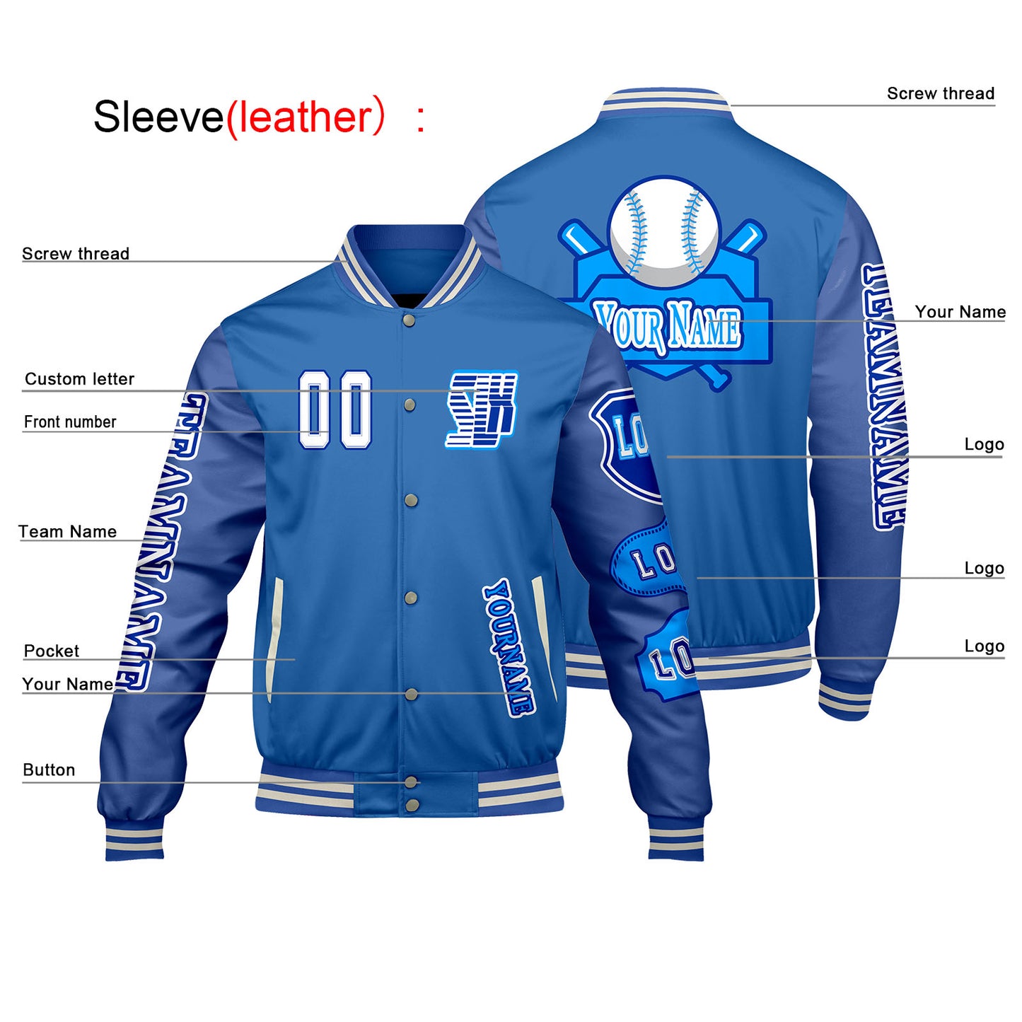 Custom Blue Letterman Varsity Jacket Personalized Embroidery Printing