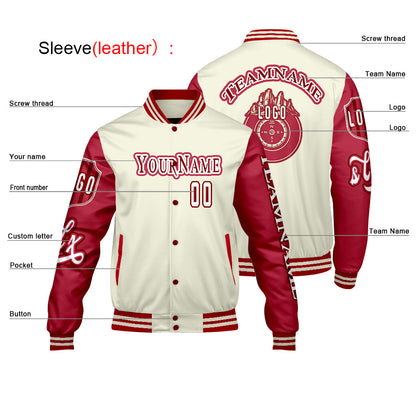 Custom White Red Letterman Varsity Jacket Personalized Embroidery Printing