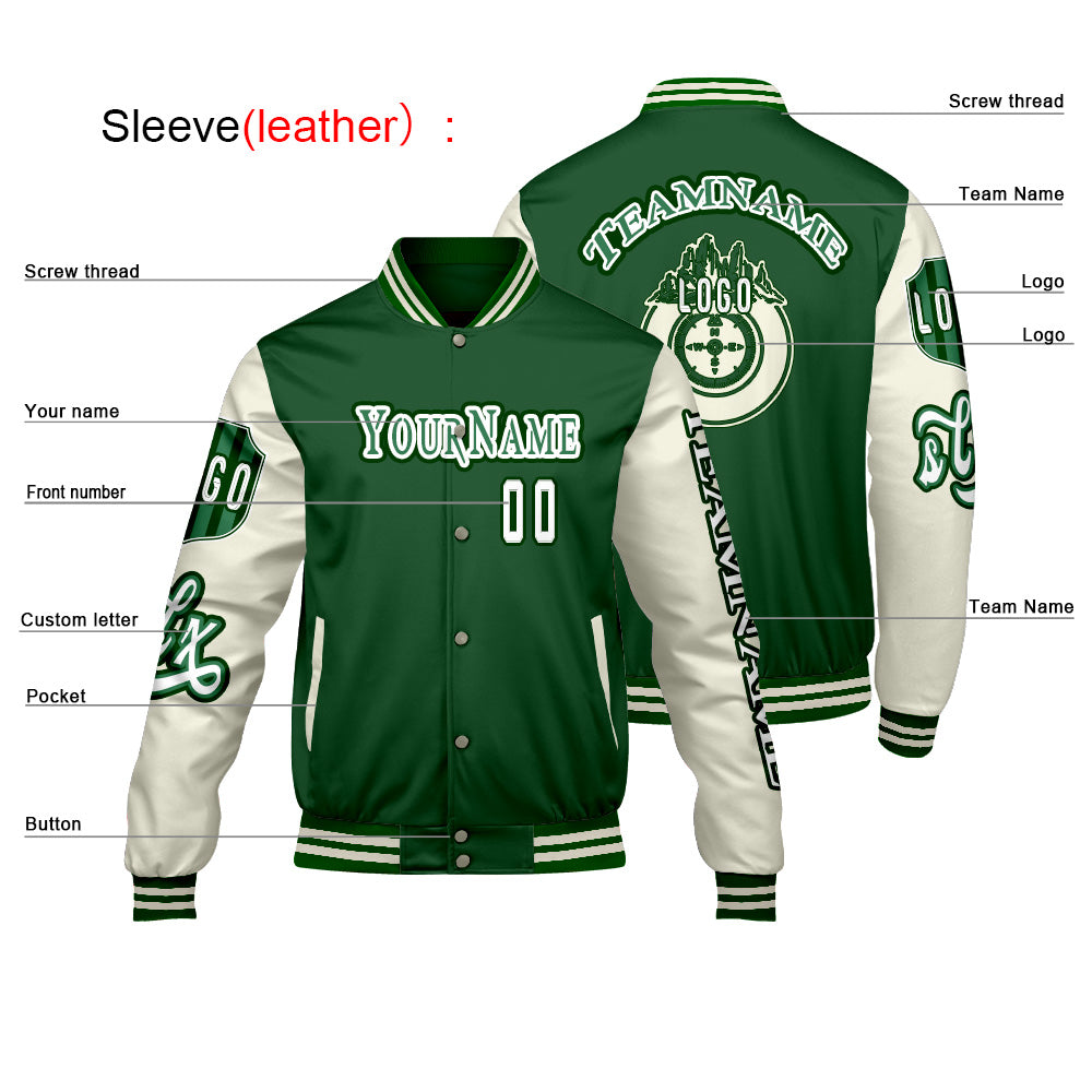 Custom Green White Letterman Varsity Jacket Personalized Embroidery Printing