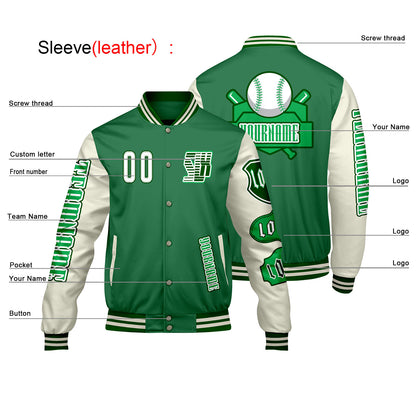 Custom Green White Letterman Varsity Jacket Personalized Embroidery Printing