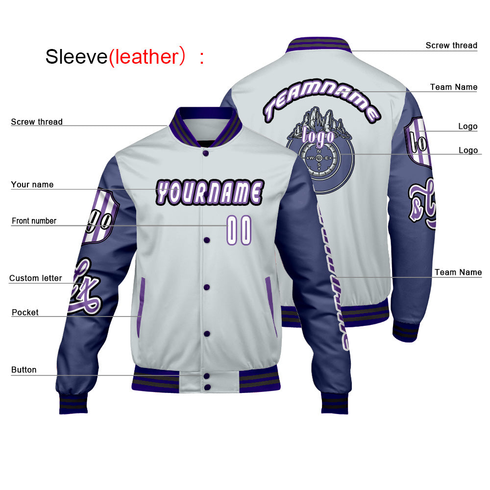 Custom Grey Purple Letterman Varsity Jacket Personalized Embroidery Printing