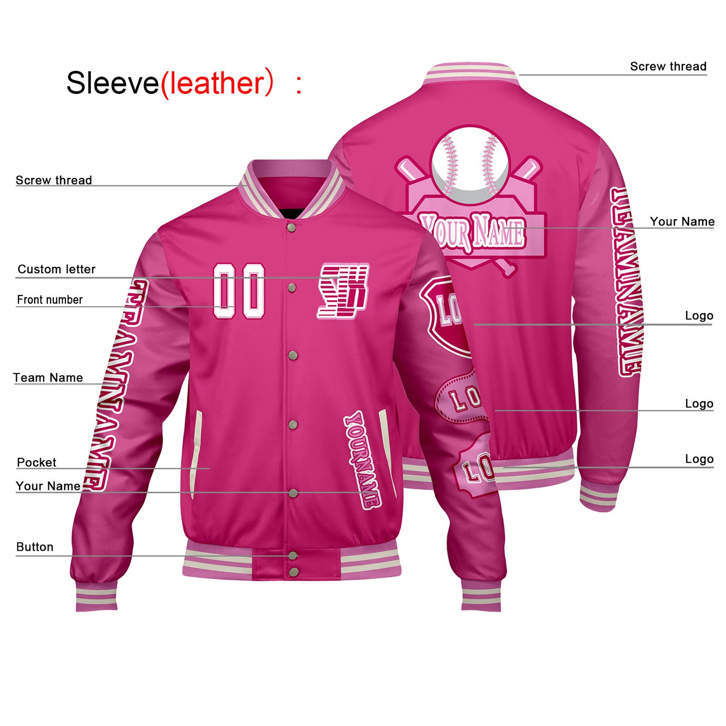 Custom Pink Letterman Varsity Jacket Personalized Embroidery Printing