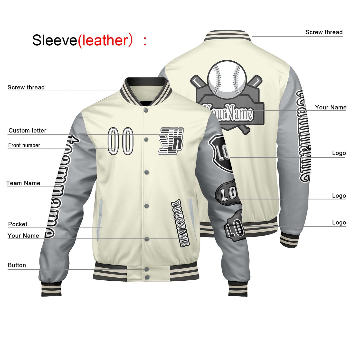 Custom White Grey Letterman Varsity Jacket Personalized Embroidery Printing