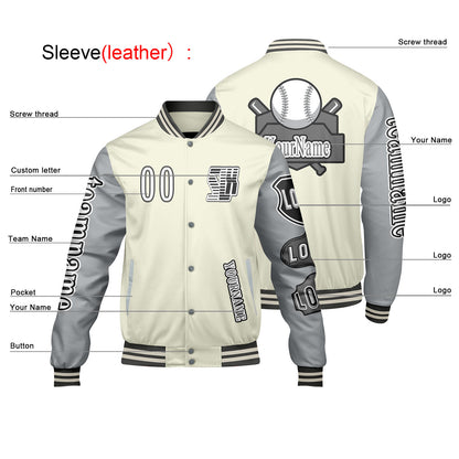 Custom White Grey Letterman Varsity Jacket Personalized Embroidery Printing
