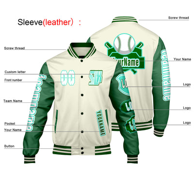 Custom White Green Letterman Varsity Jacket Personalized Embroidery Printing
