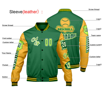Custom Green Yellow Letterman Varsity Jacket Personalized Embroidery Printing